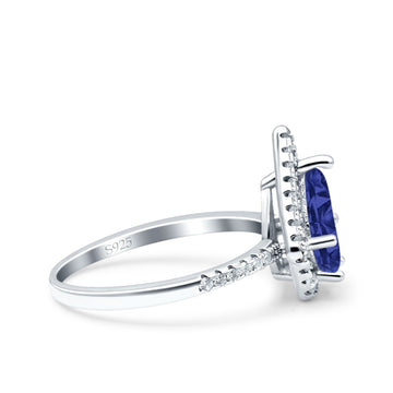 Halo Art Deco Solitaire Accent Pear Wedding Bridal Ring Simulated Blue Sapphire CZ 925 Sterling Silver